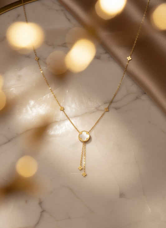Stainless Steel Shell Clover Drop Pendant Necklace – Gold