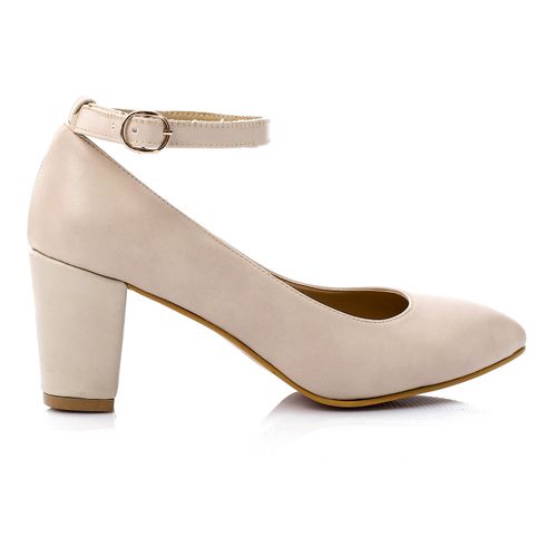 Faux Leather Pointed Mary Jane Pumps - Light Beige