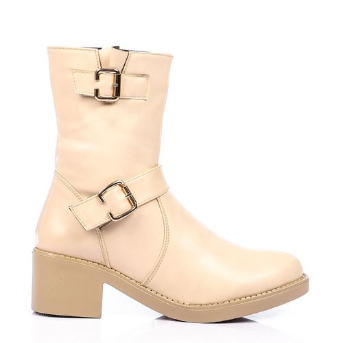 Faux Leather Mid-Calf Buckle Boots – Beige