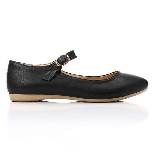 Faux Leather Mary Janes Flats - Black