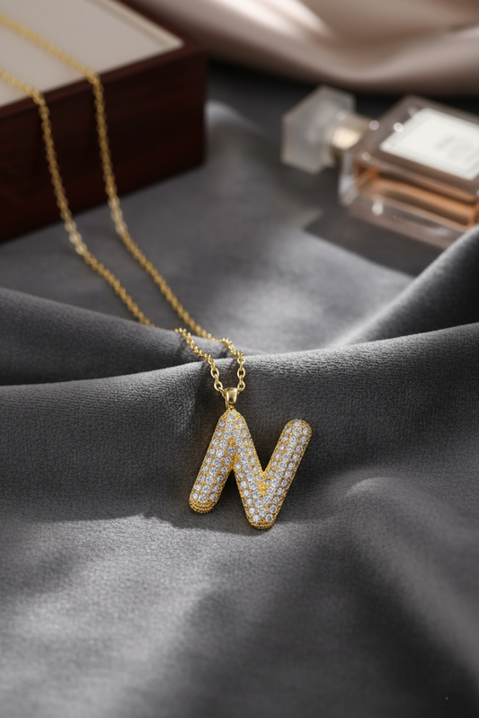Stainless Steel Crystal Letter N Pendant Necklace – Gold