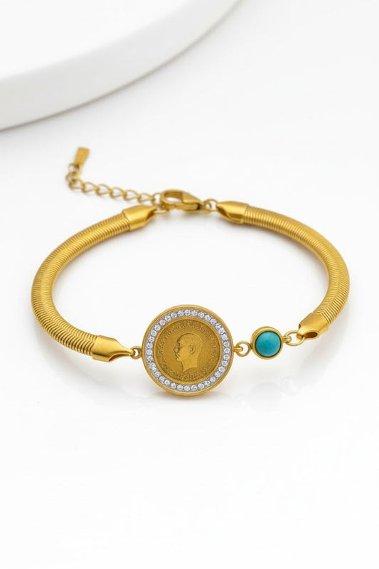 Stainless Steel Engraved Medallion Crystal & Turquoise Bracelet – Gold