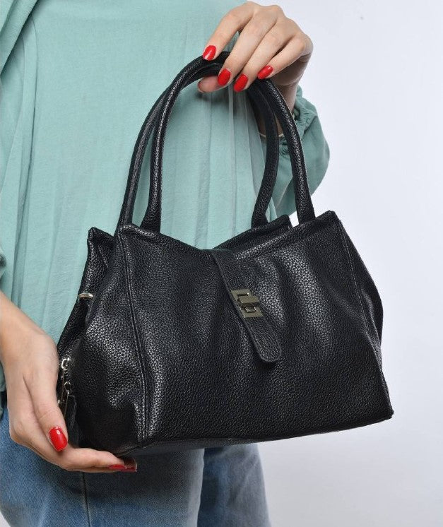 Faux Leather Textured Hand Bag with Cross Hand – Black