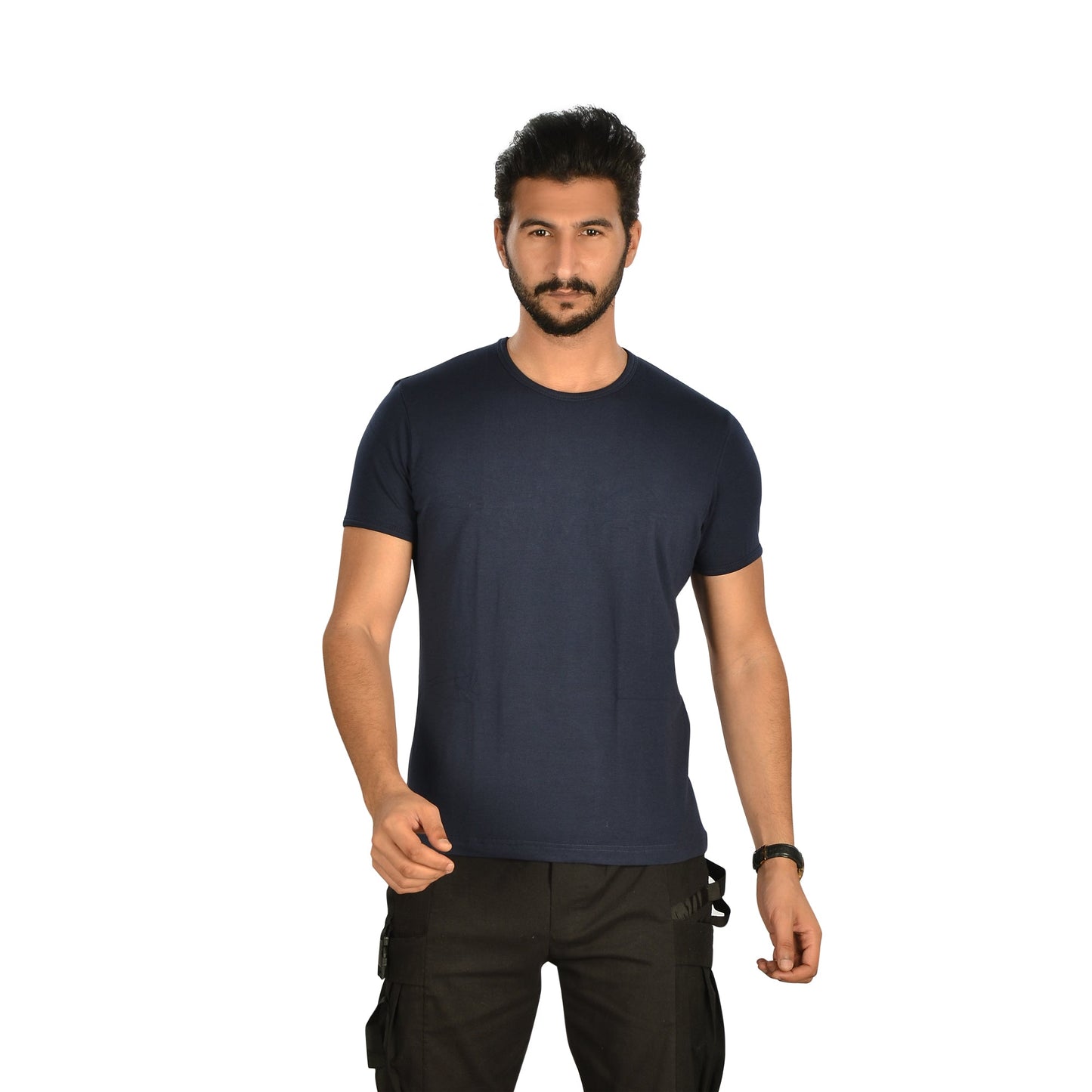 Cotton Solid Round Neck T-Shirt Set of 4 with Free Boxer – Navy