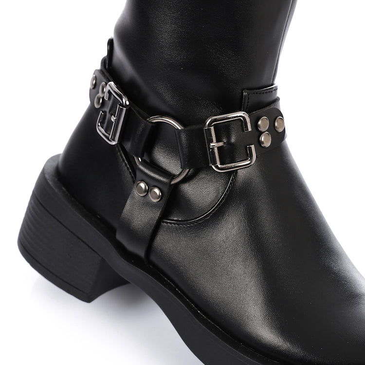 Faux Leather Adorned Boots With Buckles - Black