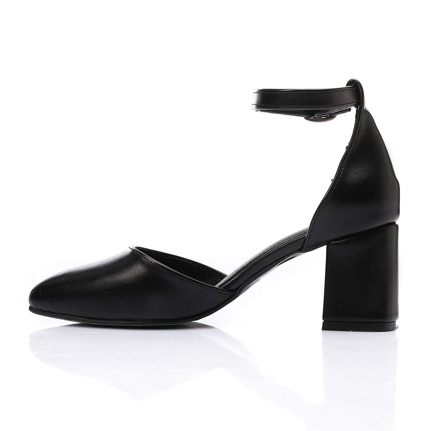 Faux Leather Pointed Toe Ankle Strap Block Heels - Black