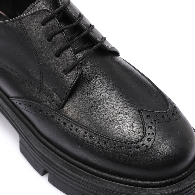 Leather Solid Lace-Up Shoes - Black