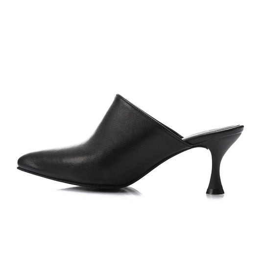 Leather Almond Toe Mule Kitten Heels – Black