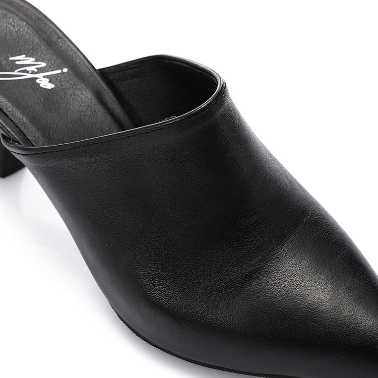 Leather Almond Toe Mule Kitten Heels – Black
