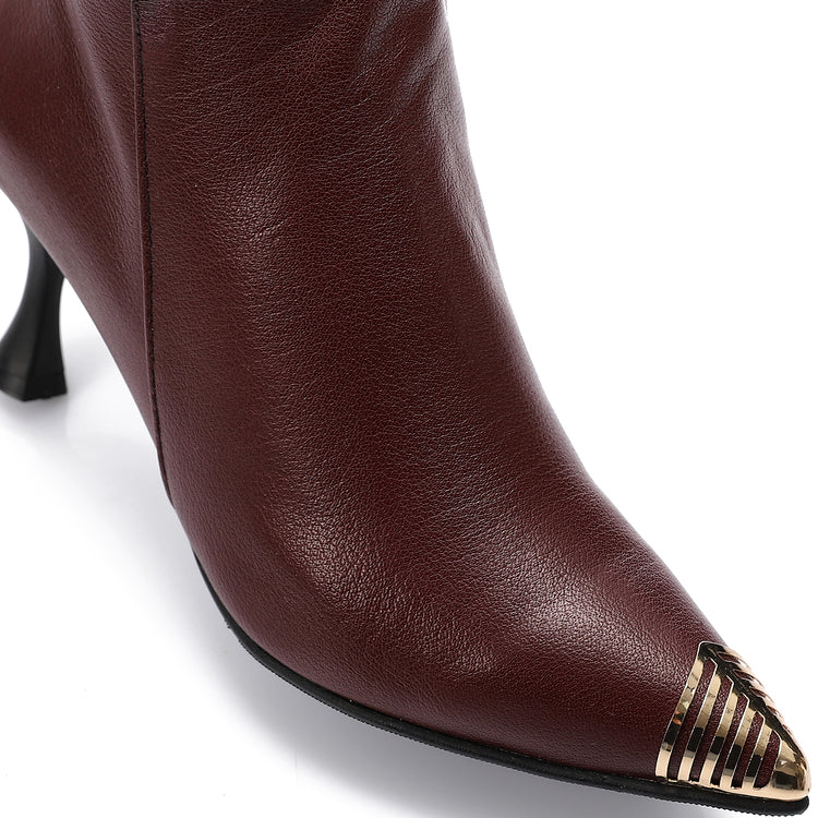 Leather Chic Knee-High Boots Gold-Tipped Toe – Burgundy