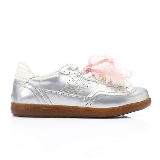 Patent faux Leather Sneaker with Lace & Decorative Organza Ribbon - Silver