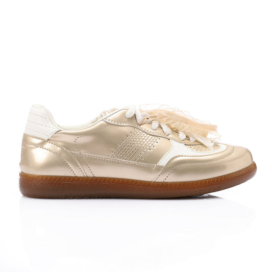 Faux Leather Sneaker with Lace & Decorative Organza Ribbon - Champagne