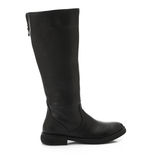 PU Leather Textured Knee-High Boots – Black