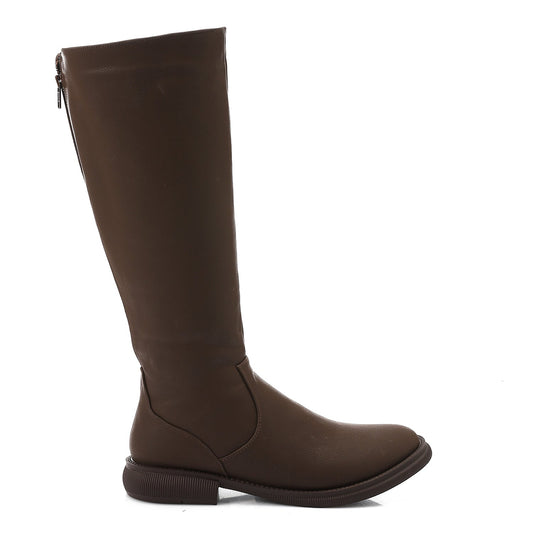 PU Leather Textured Knee-High Boots – Brown