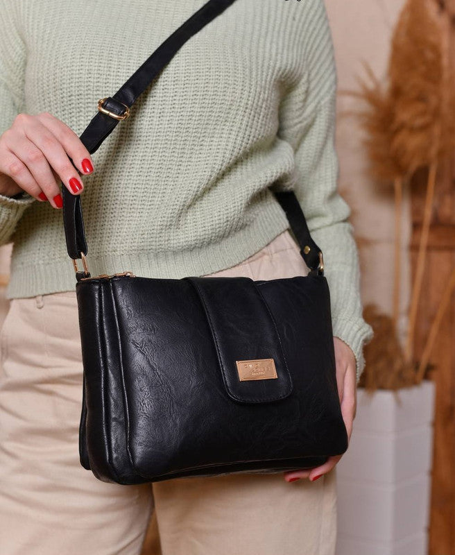 Leather Hand Bag with Cross Hand – Black