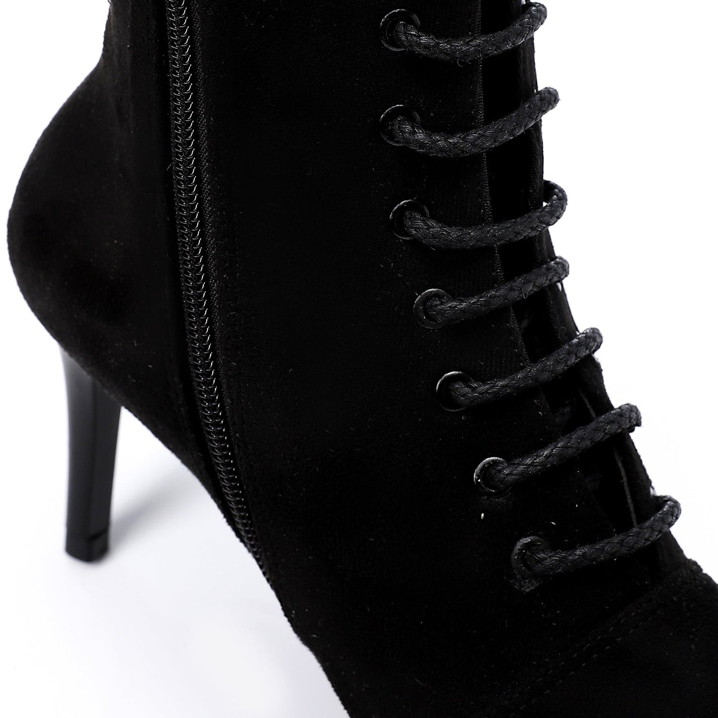 Suede Pointed-Toe Lace-Up Ankle Boots - Black