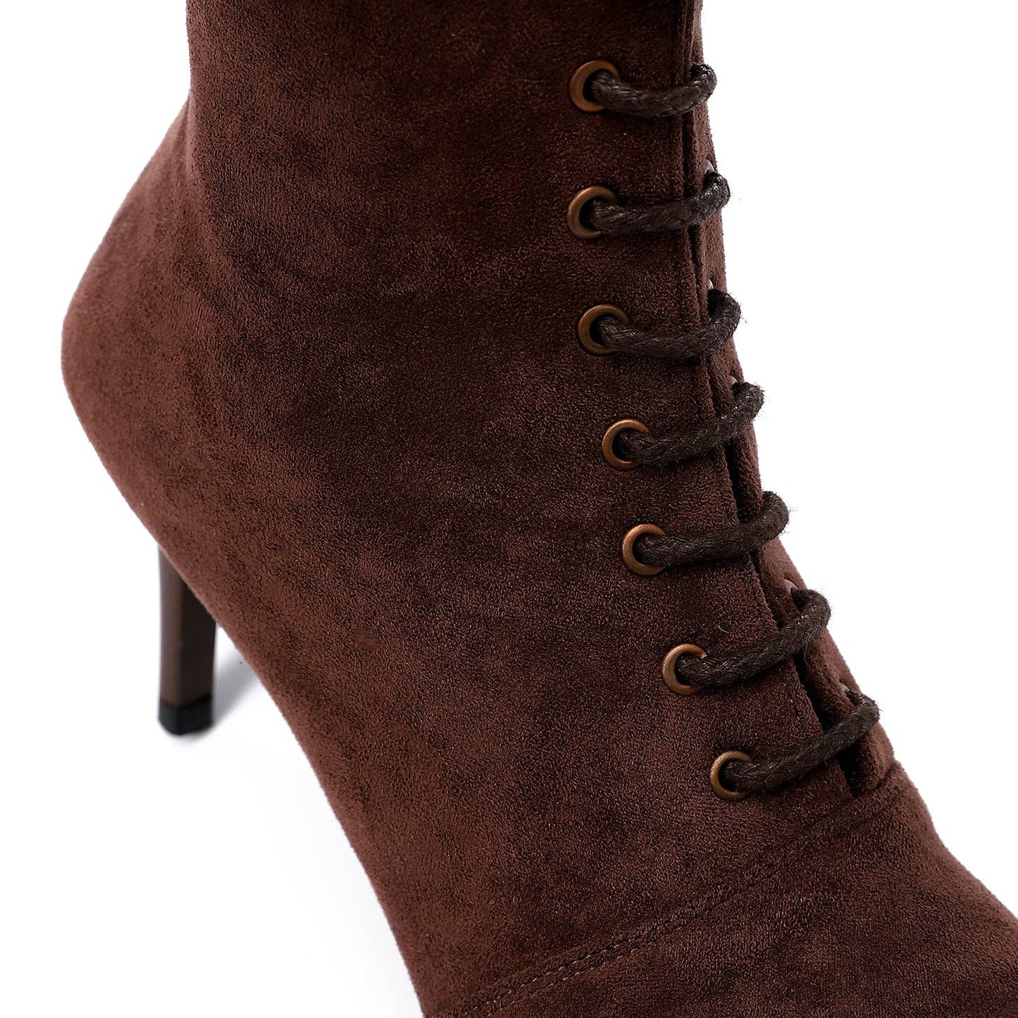 Suede Pointed-Toe Lace-Up Ankle Boots - Brown