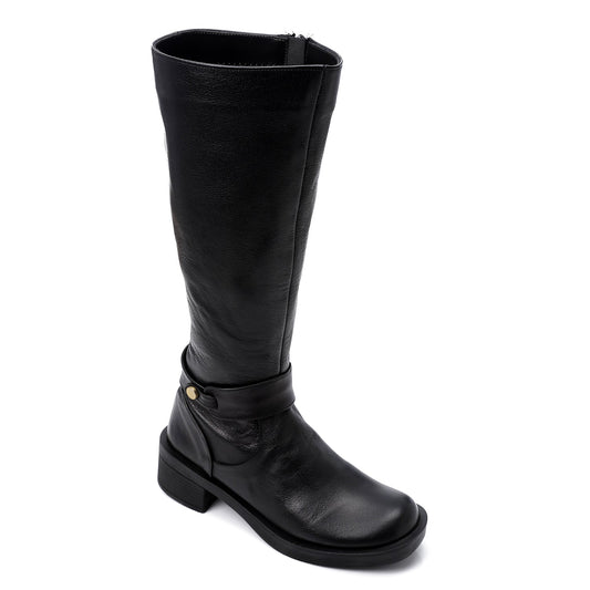Faux Leather Buckle Detail Mid-Calf Boots - Black