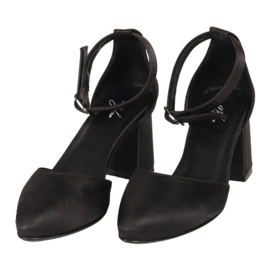 Satin Ankle-Strap Block Heels – Black