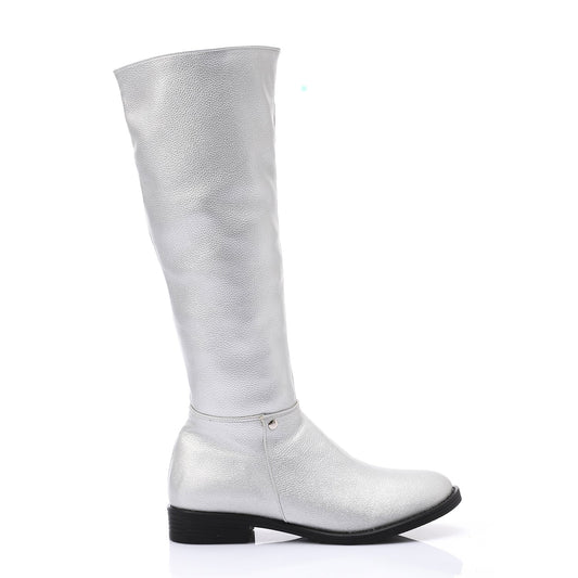 Faux Leather Solid Knee-High Boots - Silver