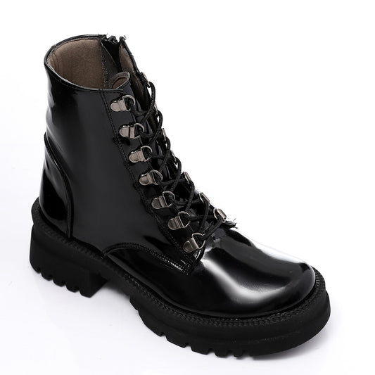 Faux Leather Plain Lace-Up Army Boots – Black