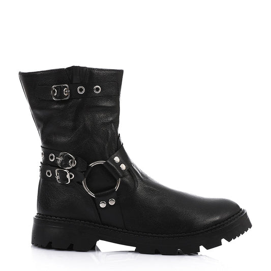 Genuine Leather Half Boots Adorned With Buckles Black