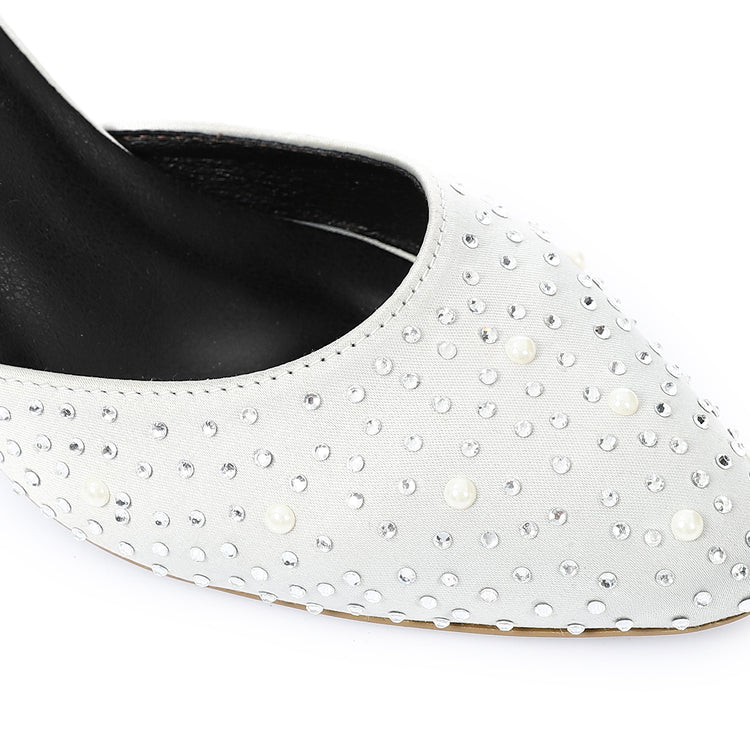 Satin Embellished Block Heel Ankle-Strap Shoes – White