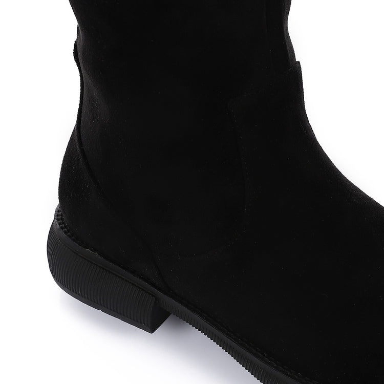 Suede Knee-High Block Heel Boots - Black