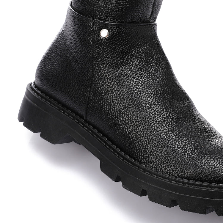 Faux Leather Round-Toe Block Heel Tall Boots - Black