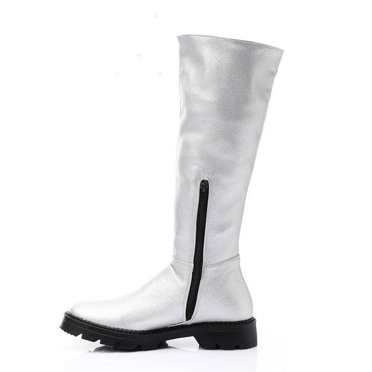 Faux Leather Solid Knee-High Boots - Silver