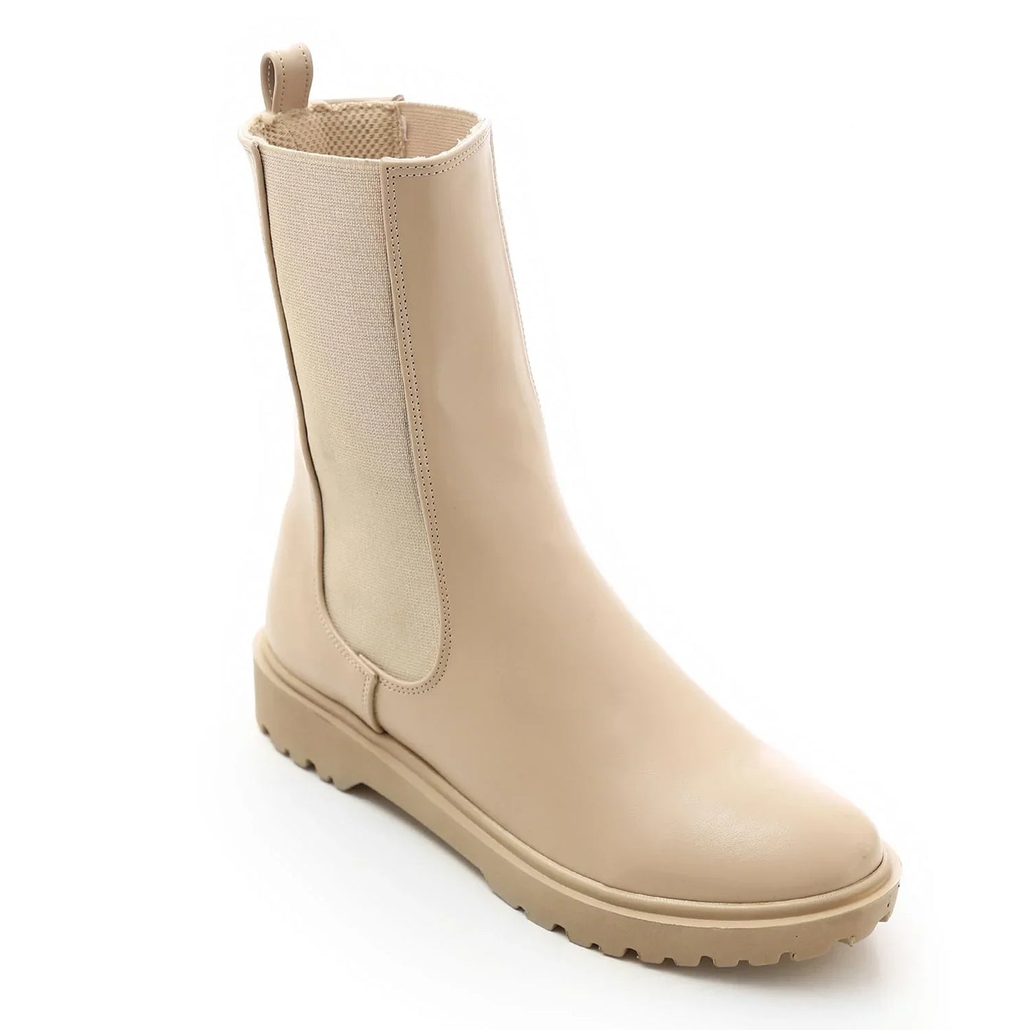 Faux Leather Plain Chelsea Boots - Beige