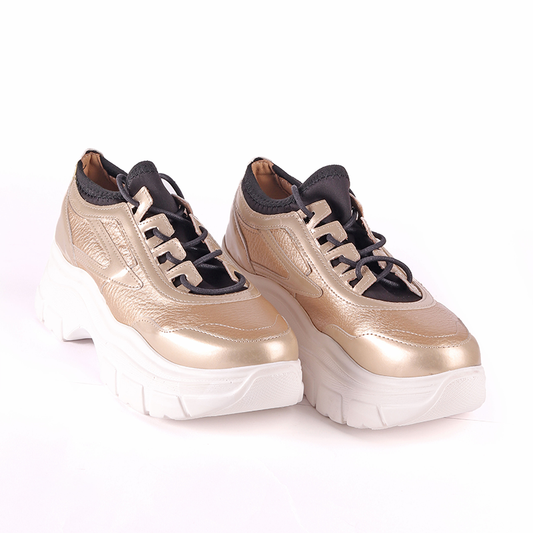 Faux Leather Lace-Up Chunky Sneakers - Gold