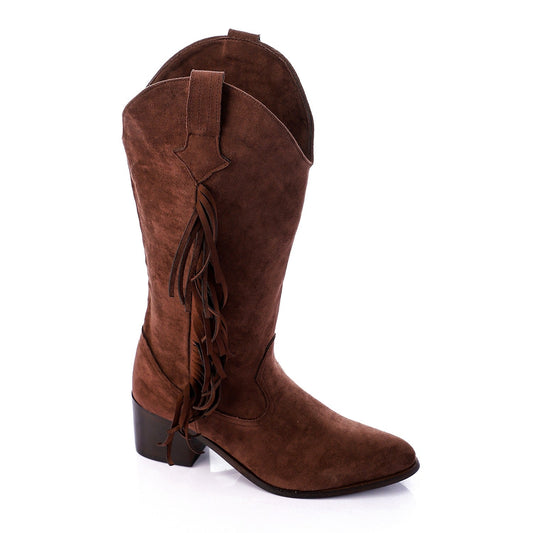 Faux Leather Suede Fringe Cowboy Boots - Brown