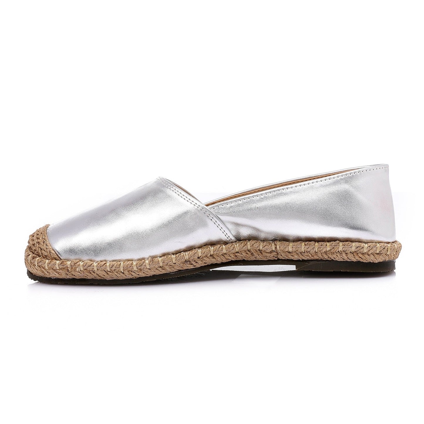 Faux Leather & Straw Espadrille Flats – Silver