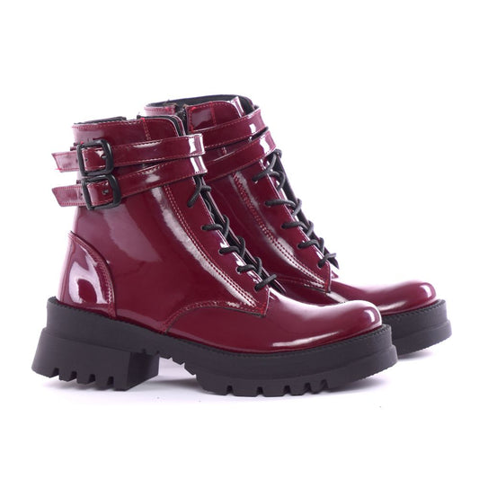 Faux Leather High-Neck Boots with Buckles – Burgundy