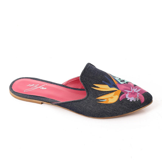 Canvas Embroidered Pointed Toe Mules – Multicolor