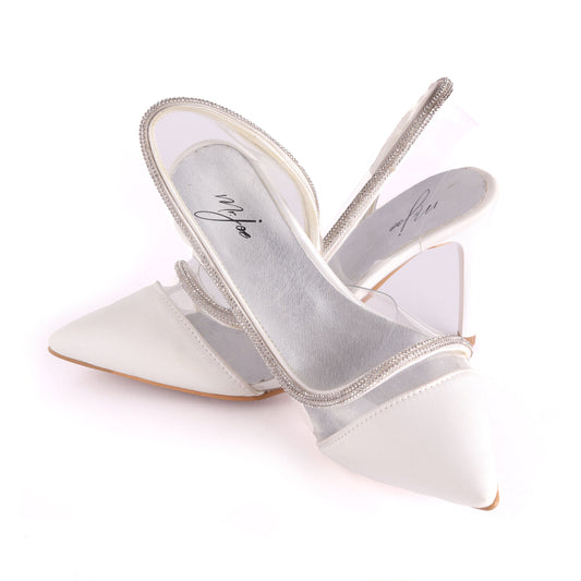 Satin Transparent Slingback Heels – White