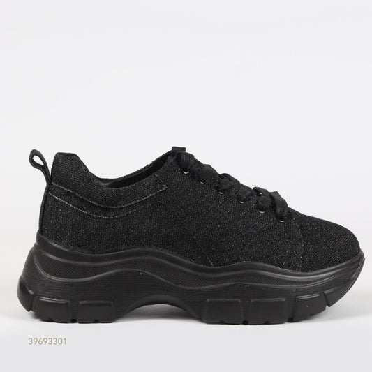 Glitter Lace-Up Chunky Sneakers – Black