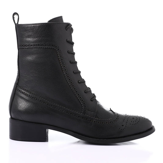 Faux Leather Perforated Lace-Up Half Boots - Black