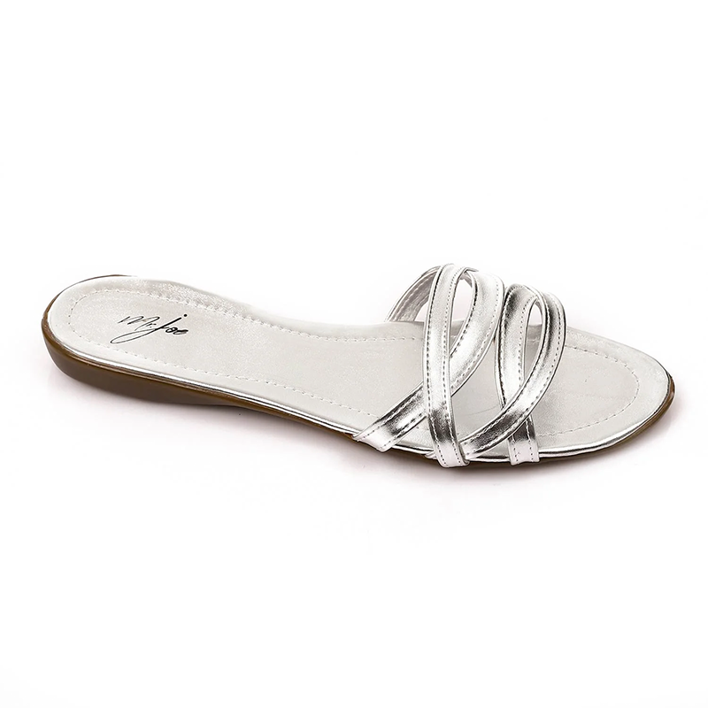 Faux Leather Criss-Cross Flat Slippers – Silver