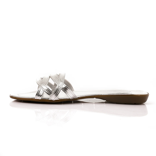 Faux Leather Criss-Cross Flat Slippers – Silver