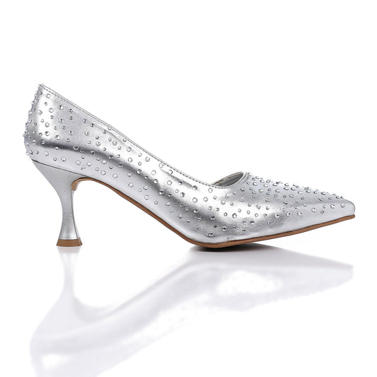 Leather Strassed Pointed Heels - Silver