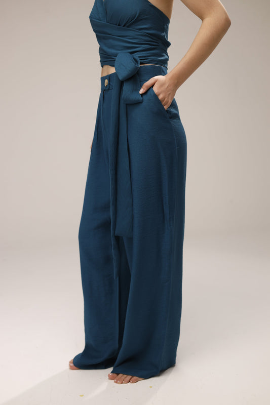 Linen Wide-Leg Pants - French Blue