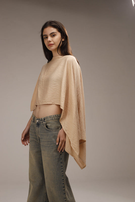 Linen Asymmetric Cropped Poncho - Beige