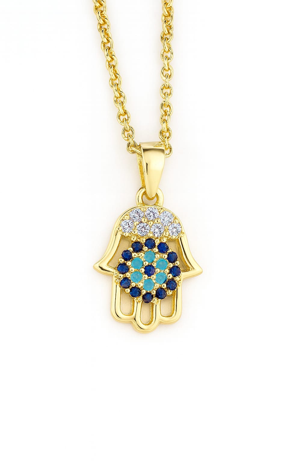 Stainless Steel Crystal Hamsa Hand Pendant Necklace – Gold