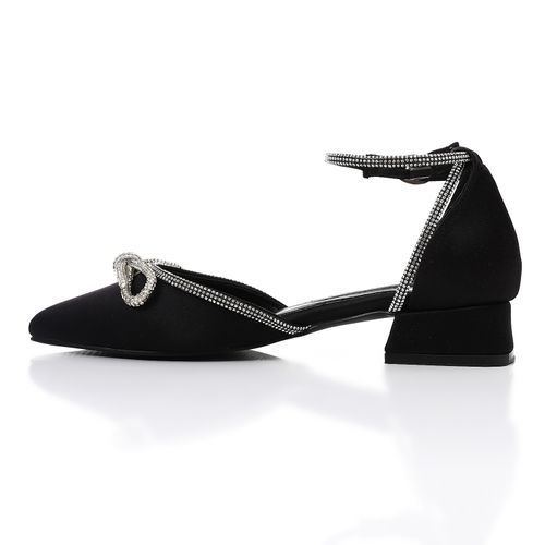 Satin Pointed Bow Low-Heel Pump - Black