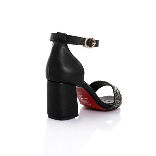 Faux leather Embellished Block Heel Sandals - Black