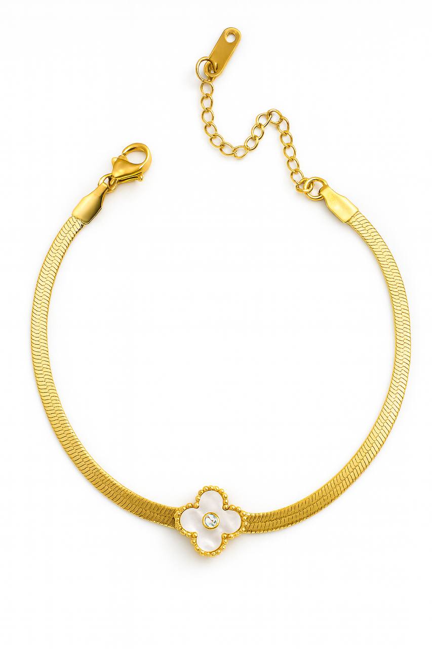 Stainless Steel Snake Chain Clover Charm Bracelet – Gold