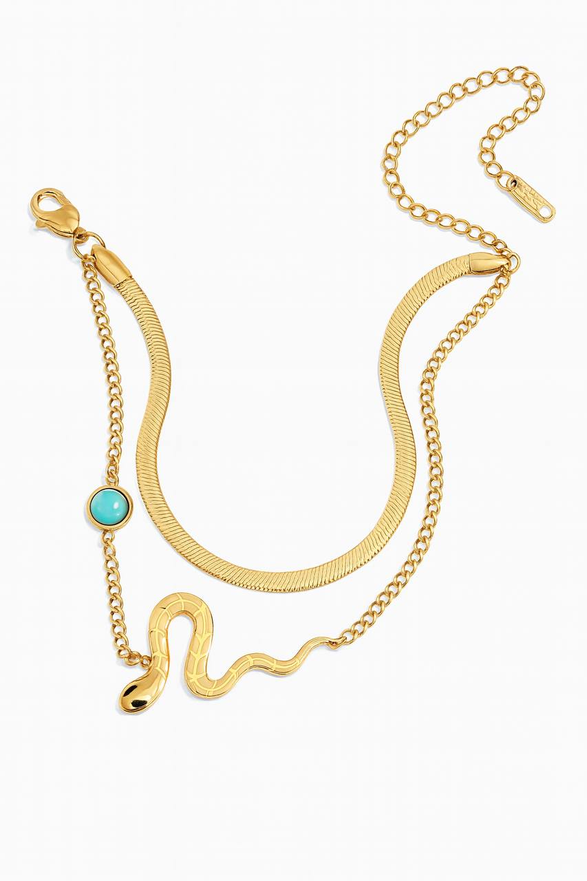 Stainless Steel Snake Design Bracelet with Turquoise Bead – Gold