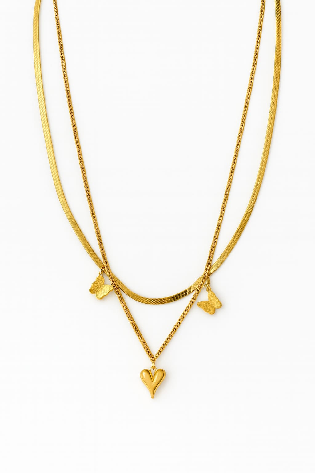 Stainless Steel Layered Heart & Butterfly Pendant Necklace – Gold